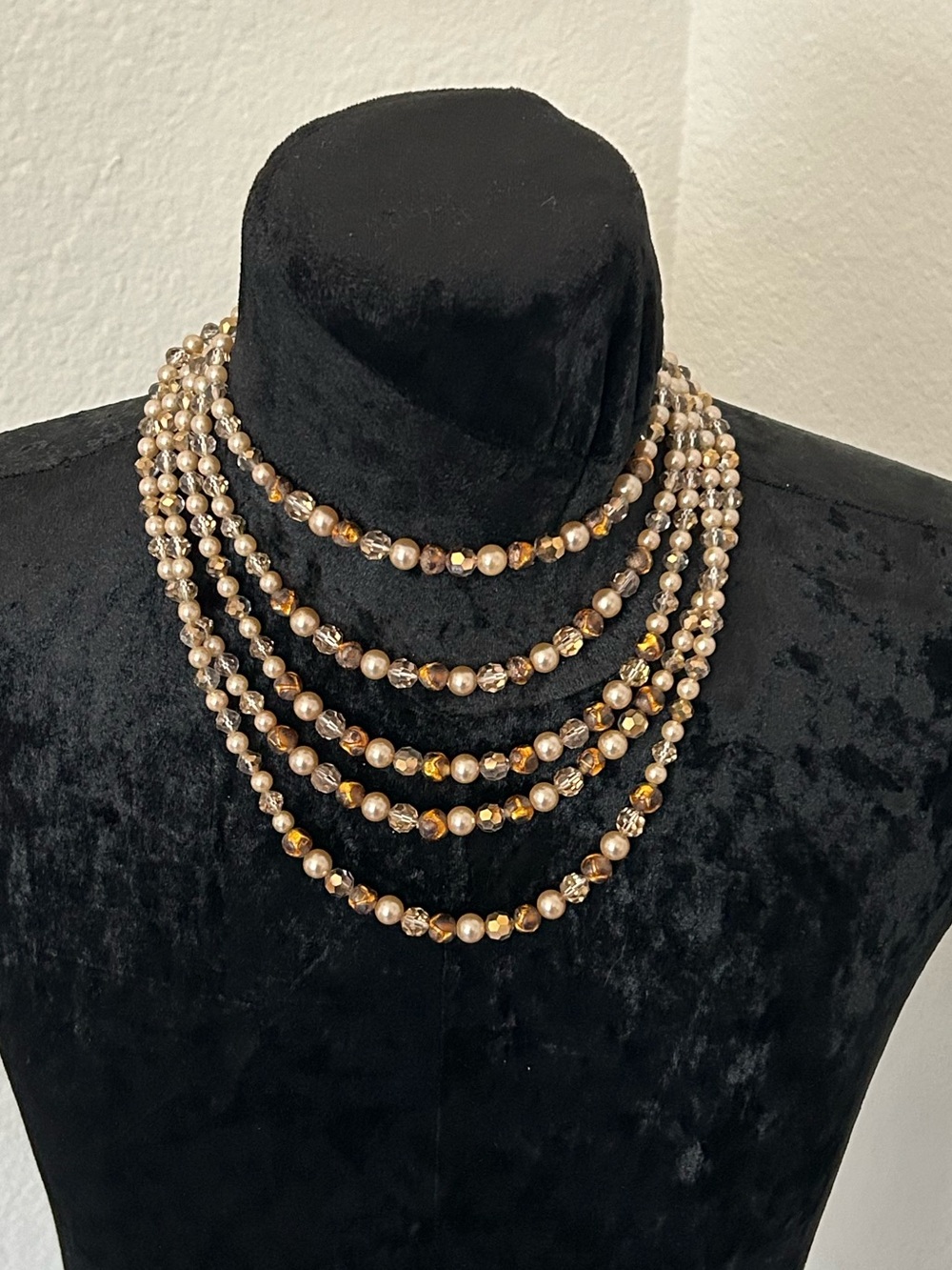 Vintage Multi Strand Faux Pearl Crystal Beaded Necklace